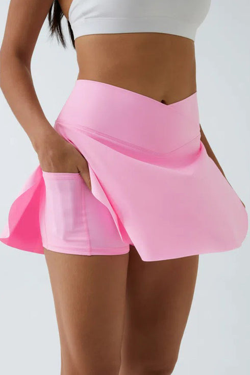 Solid Pocketed Crossover High Waist Swim Skort